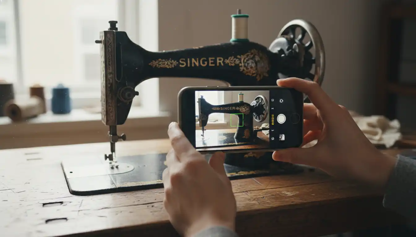 A person using a smartphone to photograph an antique cast iron sewing machine on a wooden table.