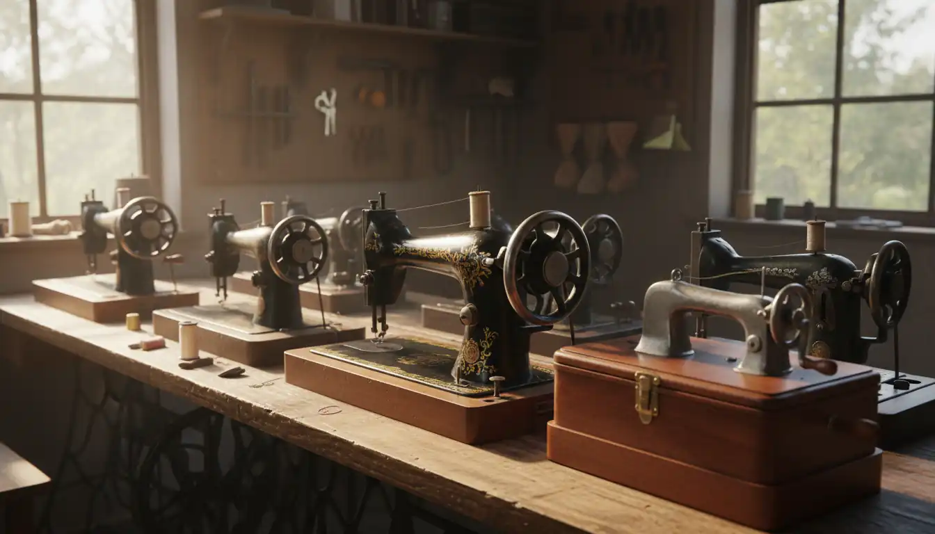 A row of diverse antique sewing machines, including treadle and hand-crank models, on a wooden workbench.