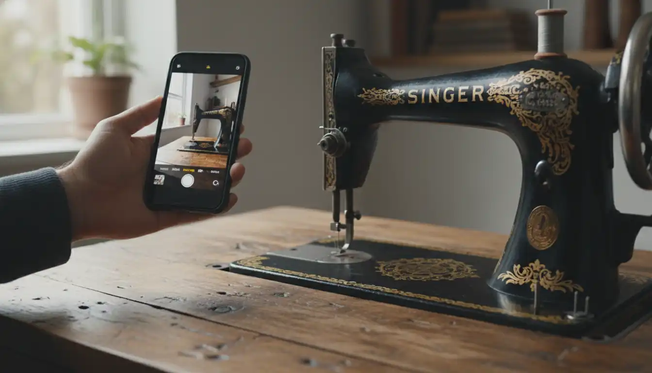 A smartphone camera focusing on the serial number plate of an antique cast-iron sewing machine.