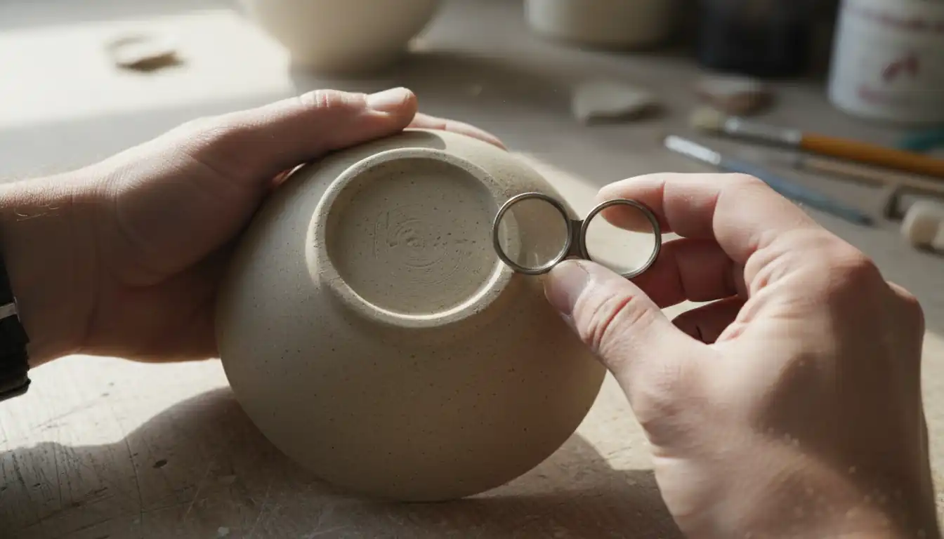 Close-up of hands using a magnifying loupe to inspect a signature on the bottom of a ceramic bowl.