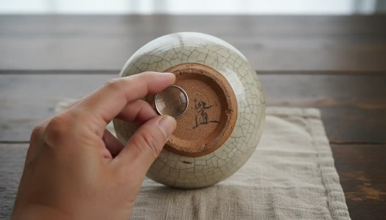 Hands using a jeweler's loupe to examine a signature on the base of a vintage ceramic bowl.