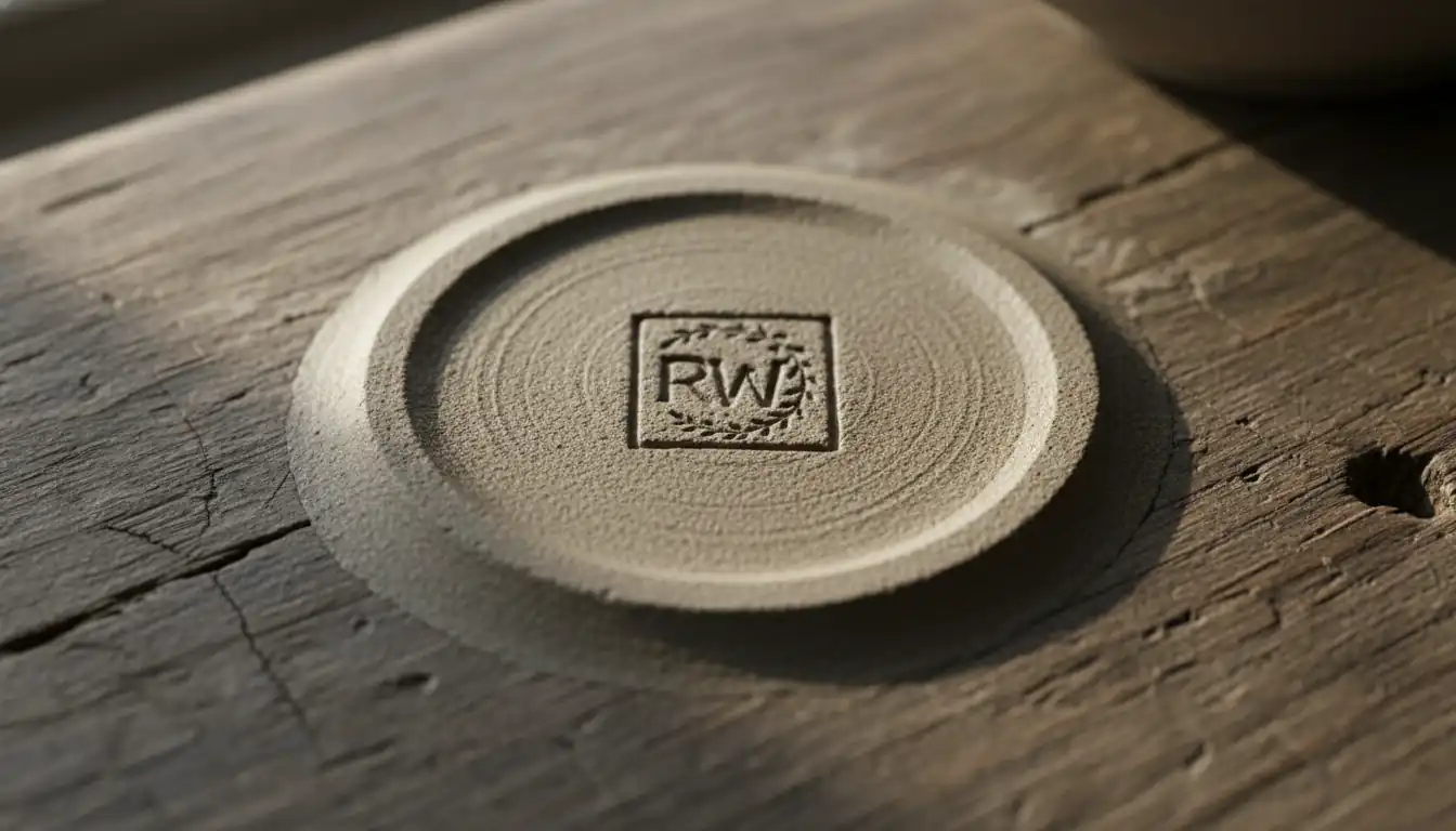 Close-up of a stamped maker's mark on the bottom of a ceramic bowl on a wooden table.