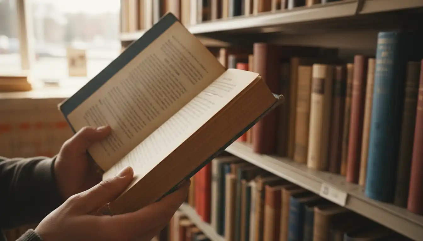 A close-up of a person holding an open first edition vintage book in a thrift store aisle.