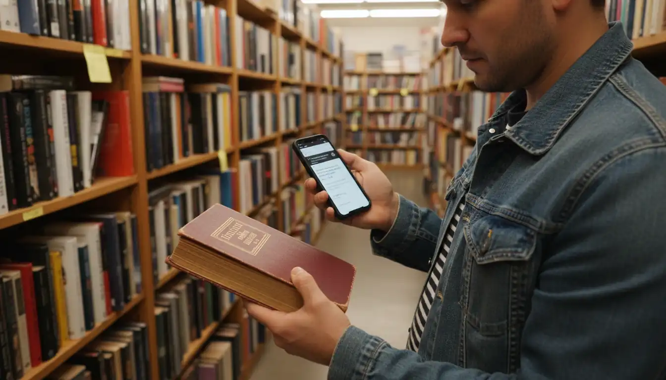 A person using a smartphone to check the resale value of a used book in a thrift store.