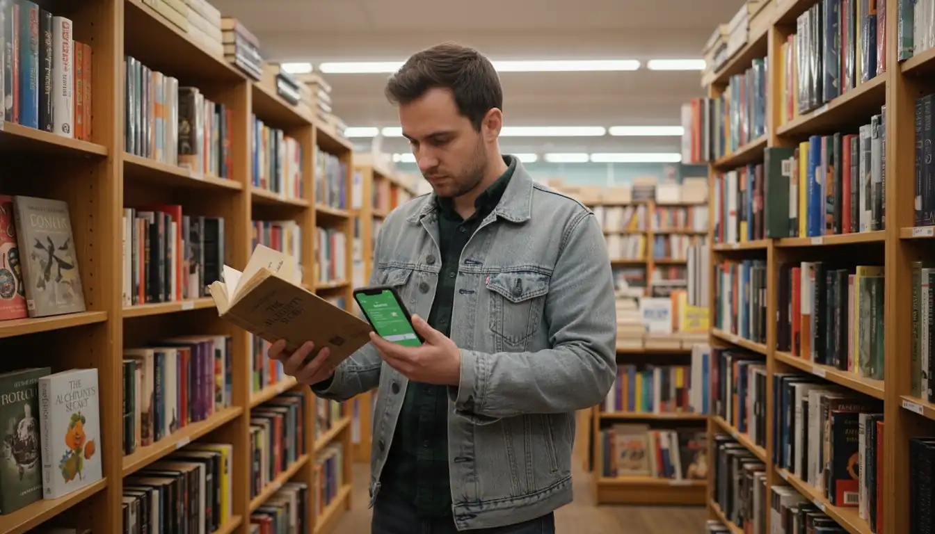 A person scanning a book's barcode with a smartphone in a thrift store book aisle.