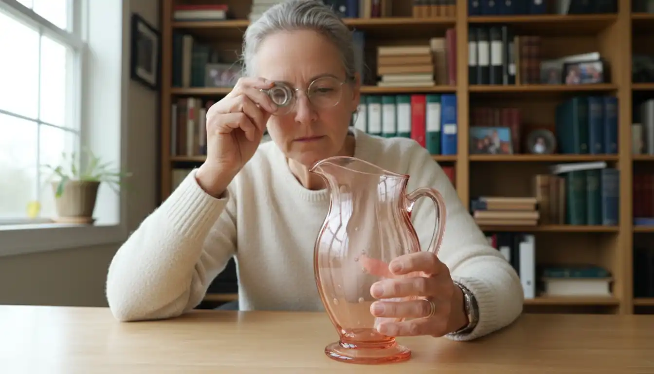 Professional appraiser inspecting a vintage pink glass pitcher with a magnifying loupe at a desk.