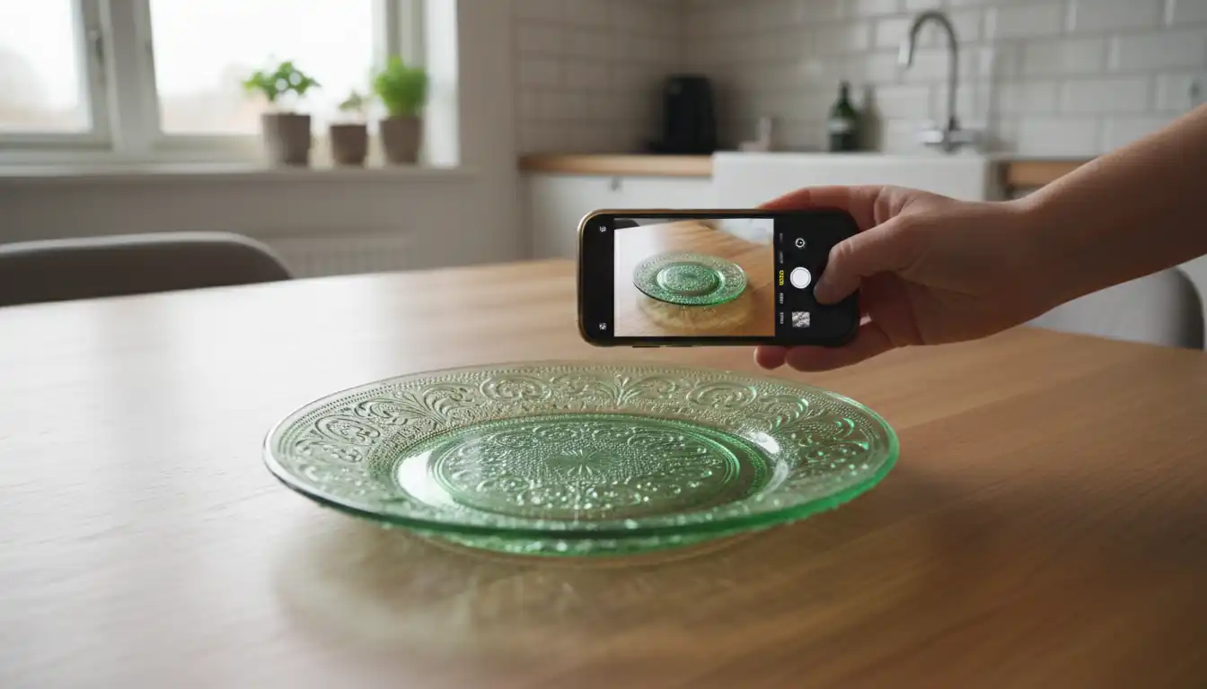 A person taking a clear smartphone photo of a vintage green glass plate on a wooden table.