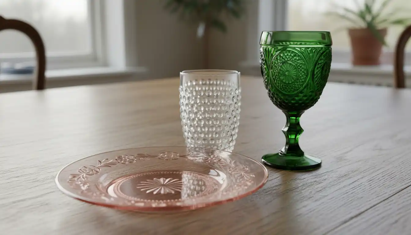 Close-up of vintage pink, green, and clear glassware on a wooden table in natural light.