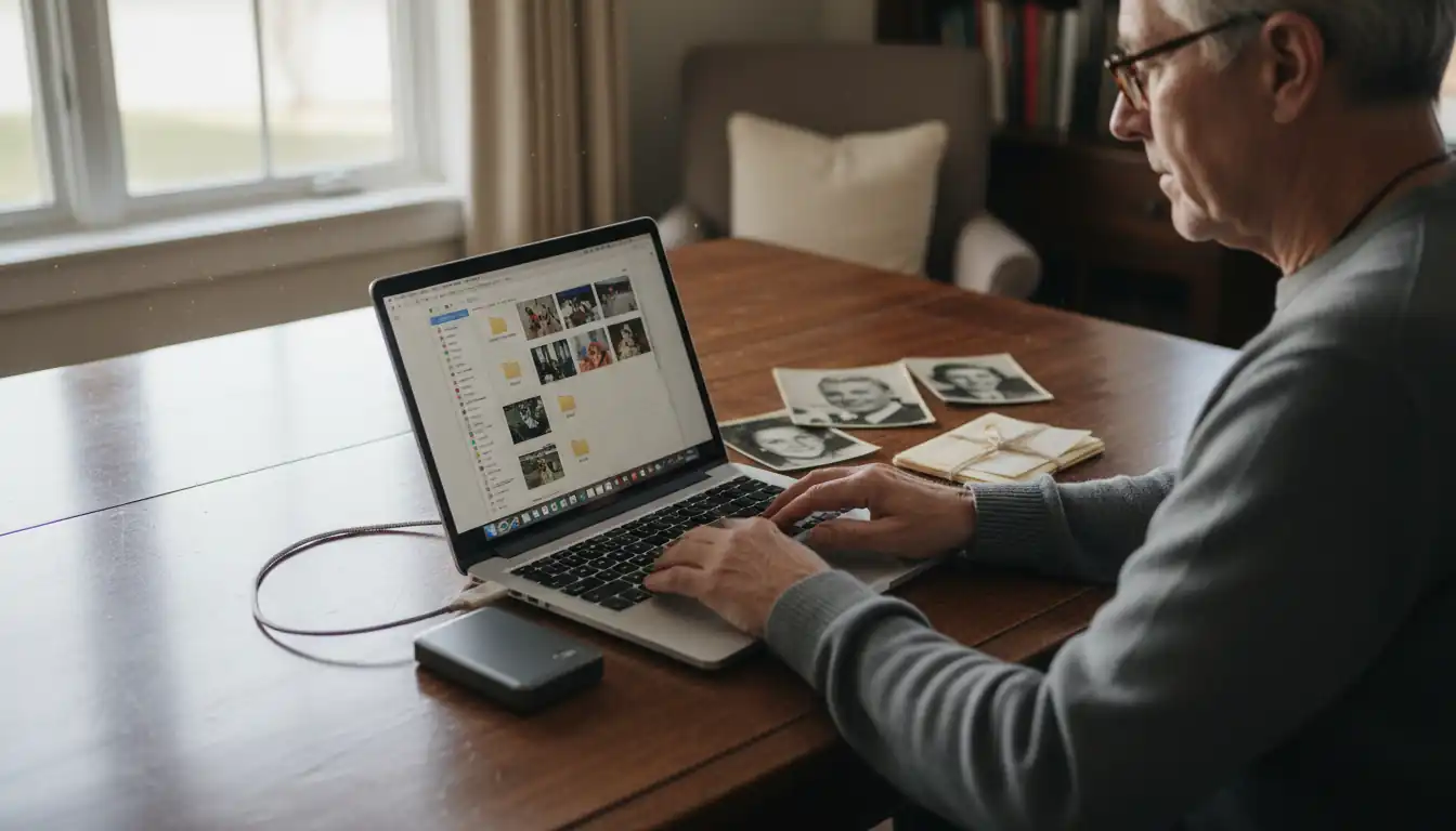 A person organizing scanned digital photos on a laptop at a desk with physical vintage photographs nearby.