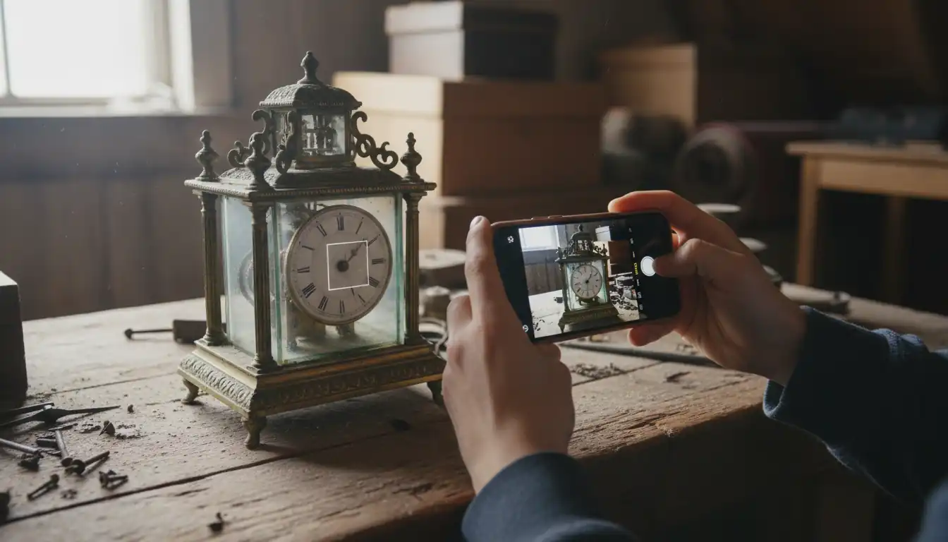 Hands holding a smartphone to photograph an antique brass clock on a wooden table in an attic.