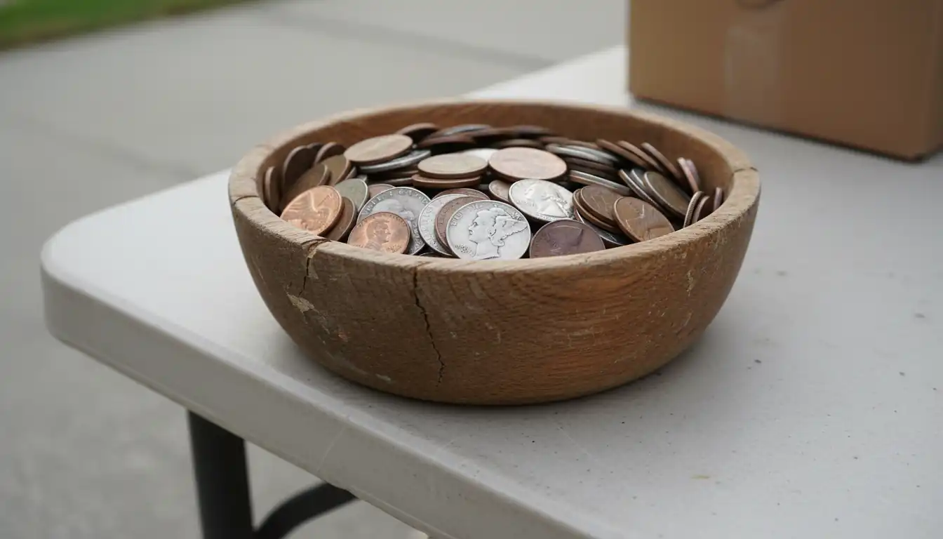 A wooden bowl of loose coins on a garage sale table, featuring a silver Mercury dime and wheat pennies.
