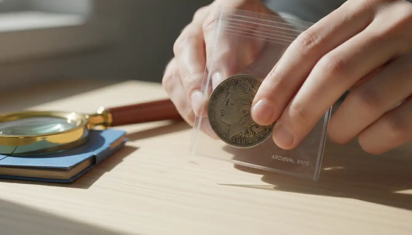 Close-up of hands placing a silver coin into a protective plastic holder on a wooden desk.