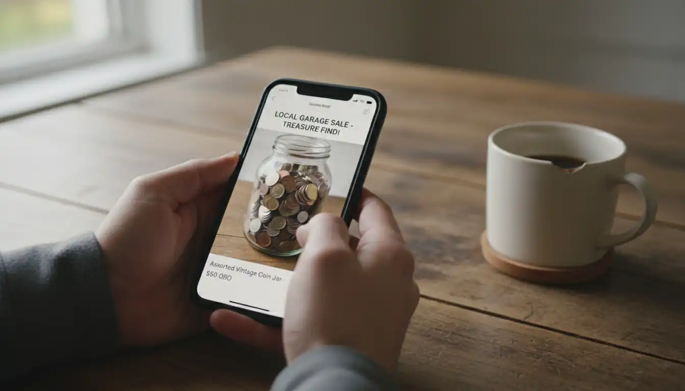 Hands holding a smartphone displaying a garage sale listing with a jar of coins on the screen.