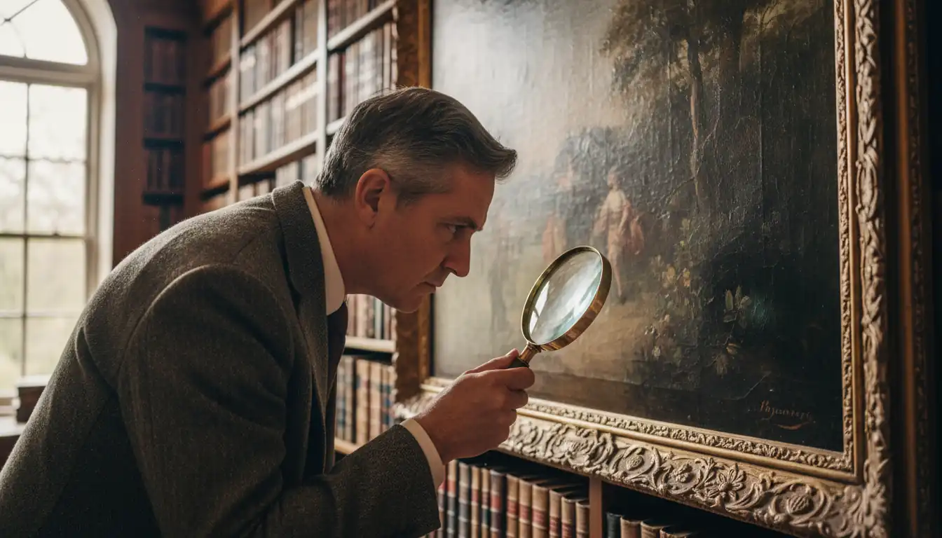 An antique appraiser using a magnifying glass to inspect an ornate 19th-century oil painting in a library.