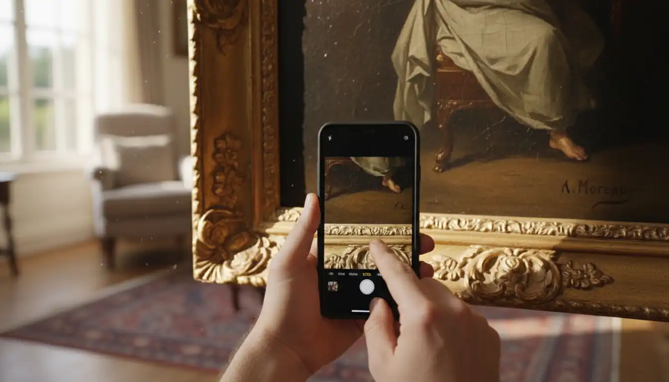 A person using a smartphone to photograph and magnify the signature on a 19th-century oil painting.