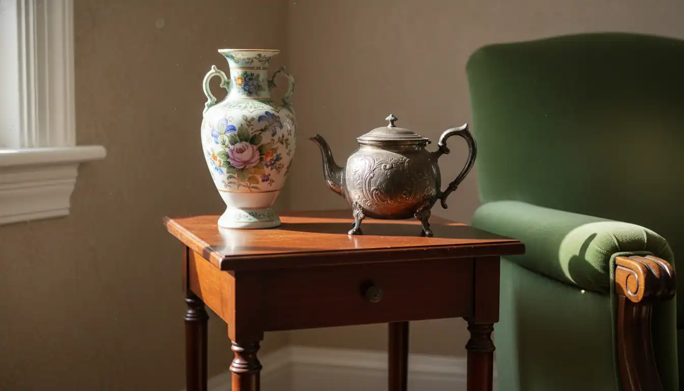 Close-up of a 19th-century mahogany table with a porcelain vase and silver teapot in a sunlit room.