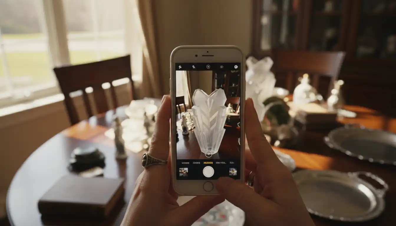 A person using a smartphone to photograph an Art Deco glass vase at an indoor estate sale.