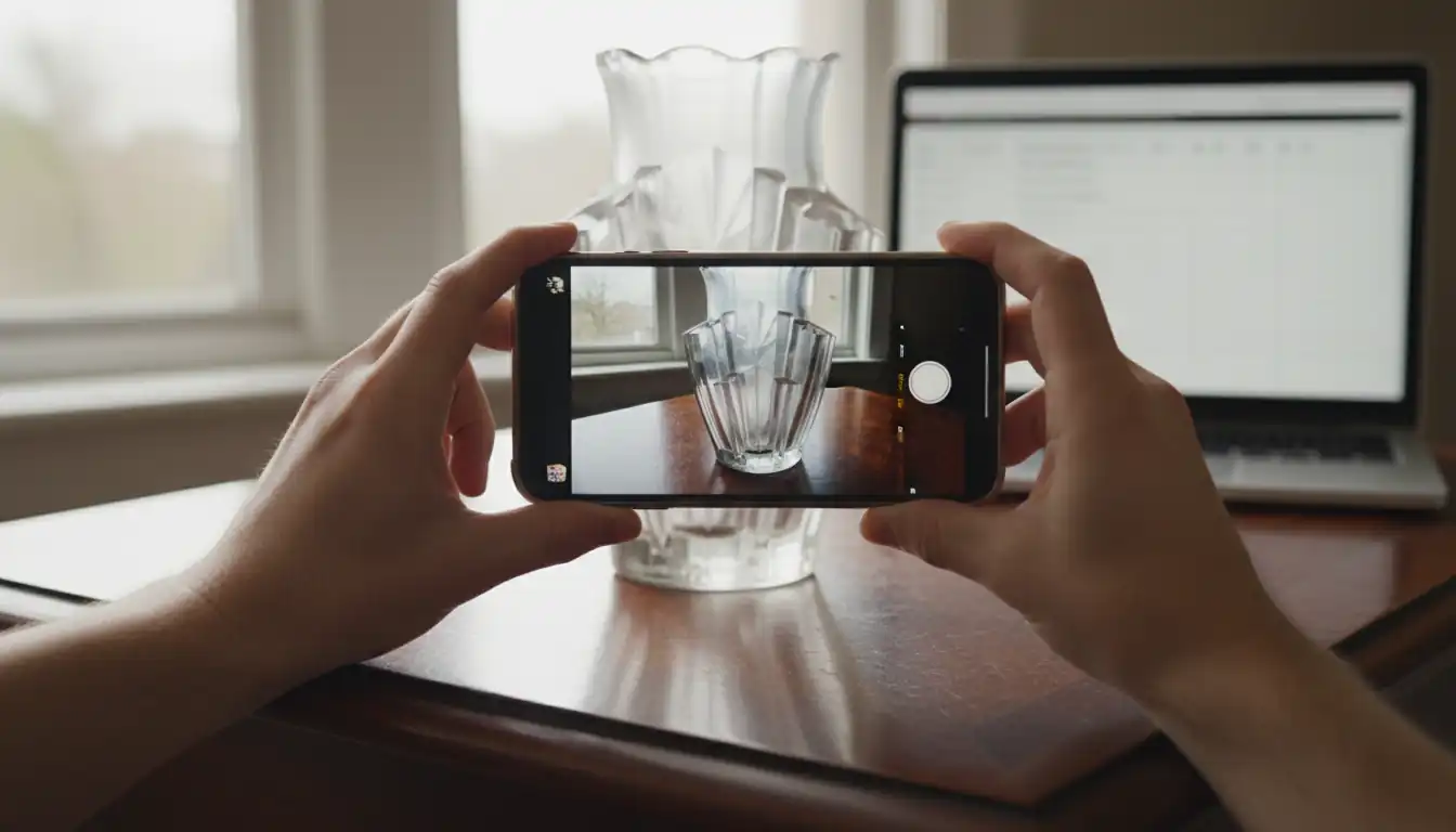 Person using a smartphone to photograph an Art Deco glass vase for digital cataloging and valuation.