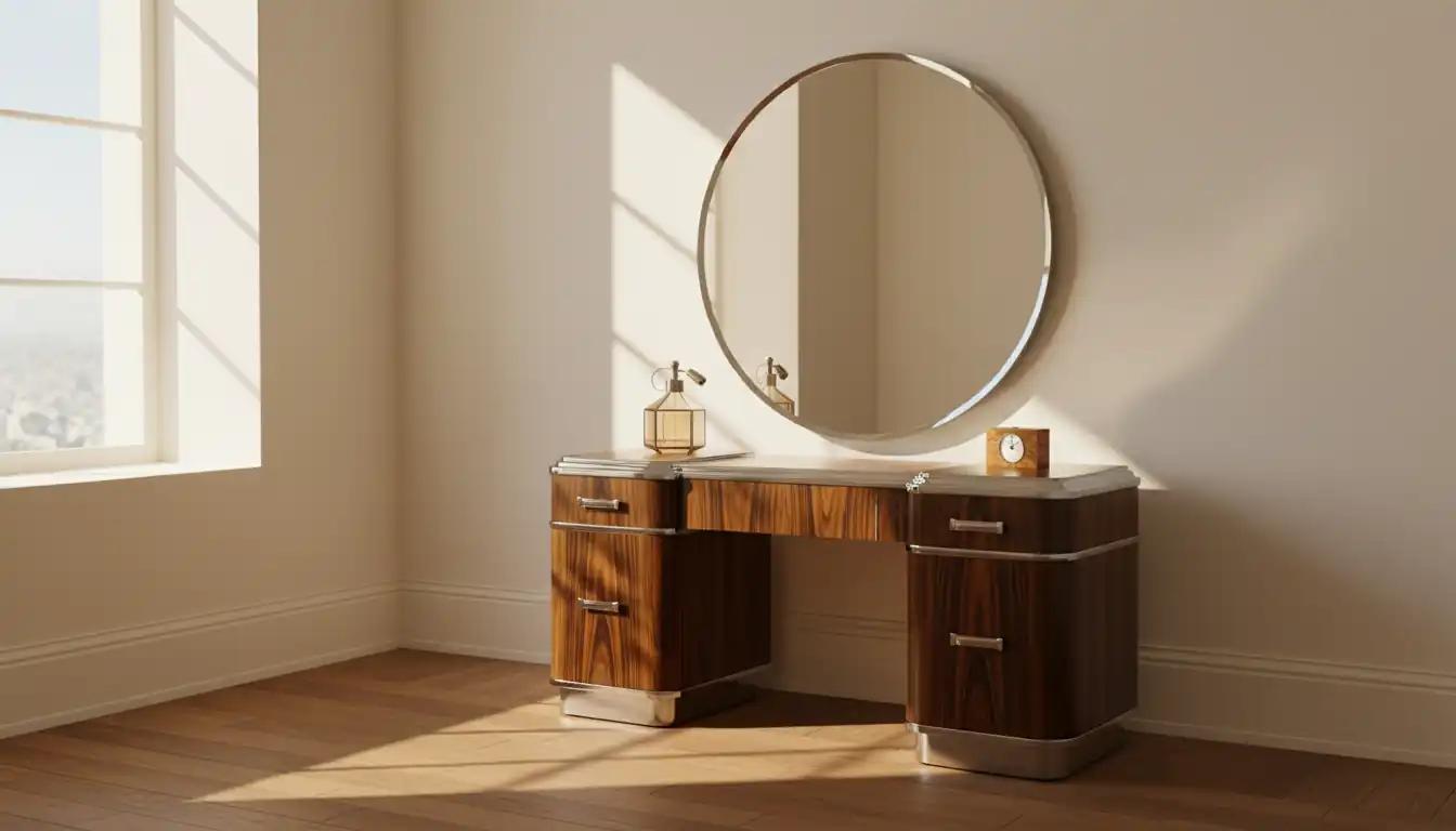 Polished Art Deco macassar ebony vanity with a circular mirror in a sunlit room.
