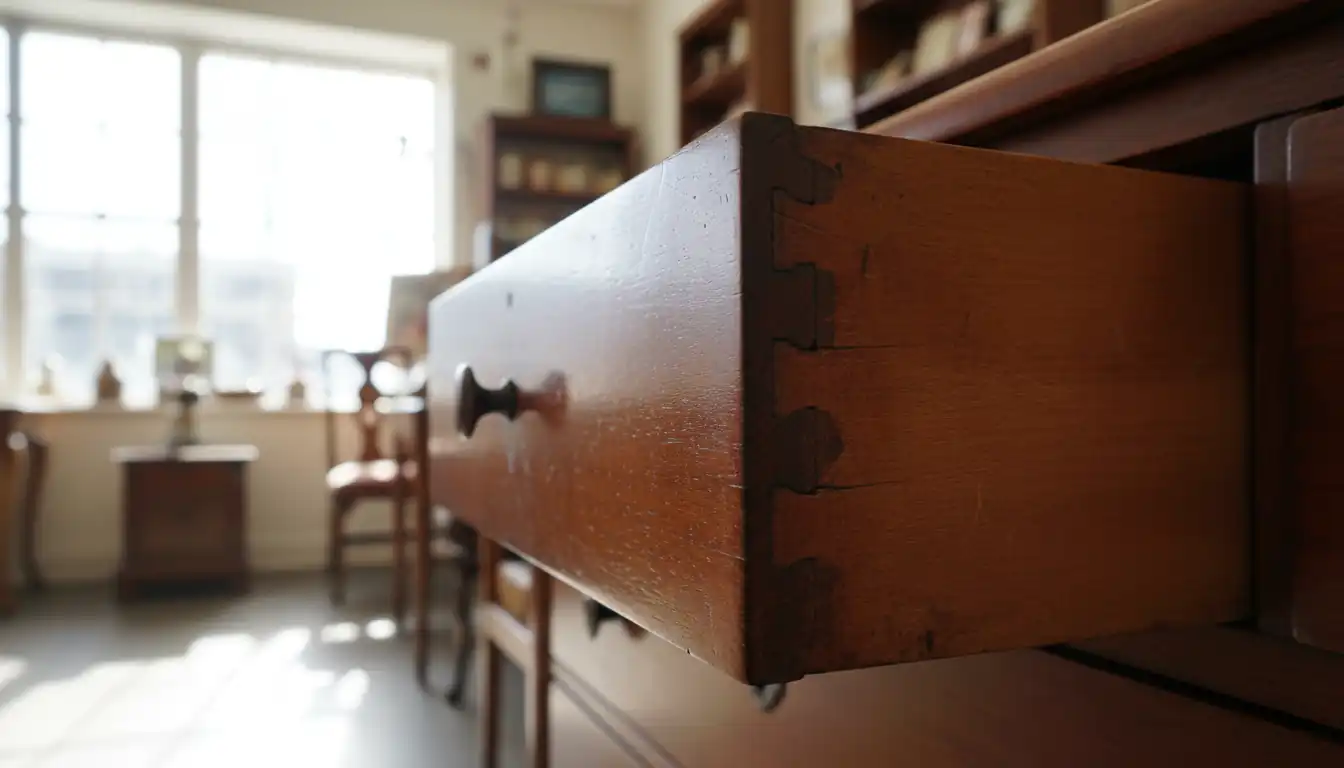 Close-up of hand-cut dovetail joints on an antique mahogany dresser drawer in a shop.