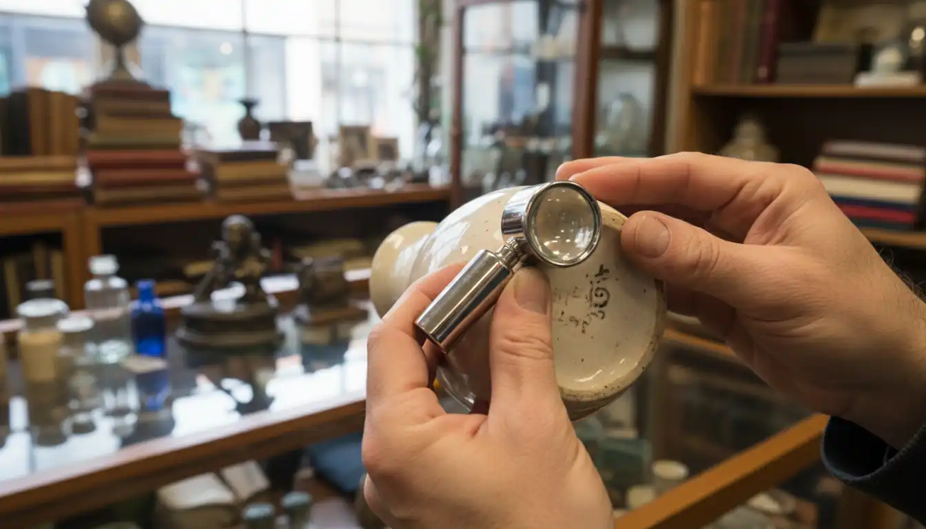 Close-up of hands using a magnifying loupe to inspect markings on a vintage ceramic vase.