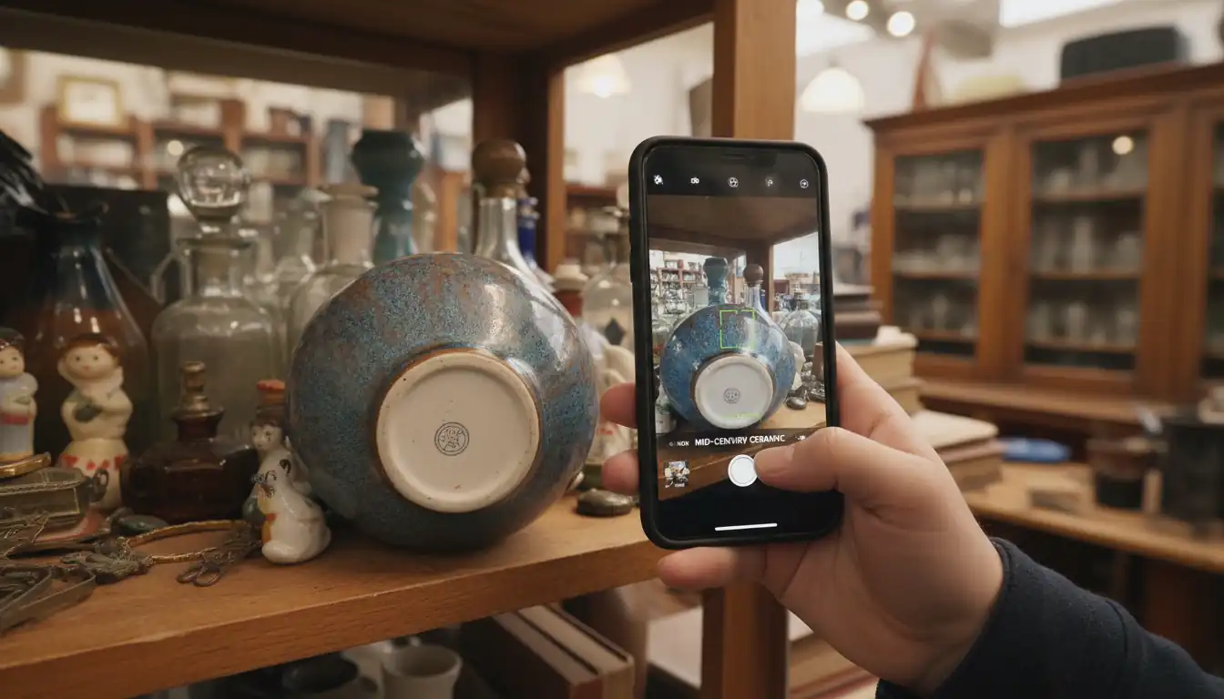 A person using a smartphone camera to identify a vintage ceramic vase on a shelf in an antique mall.