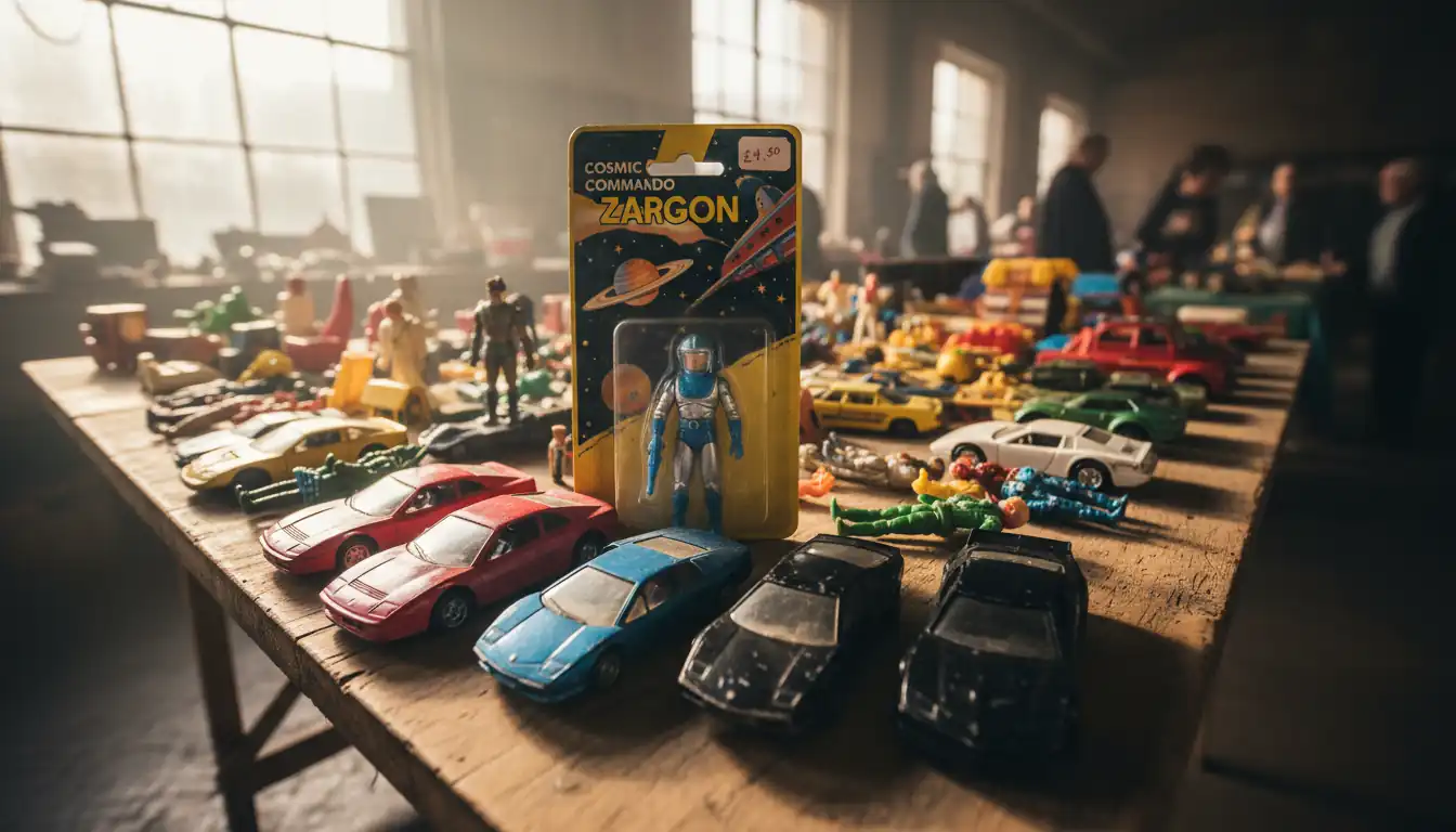 A collection of vintage action figures and die-cast cars displayed on a wooden table at a flea market.