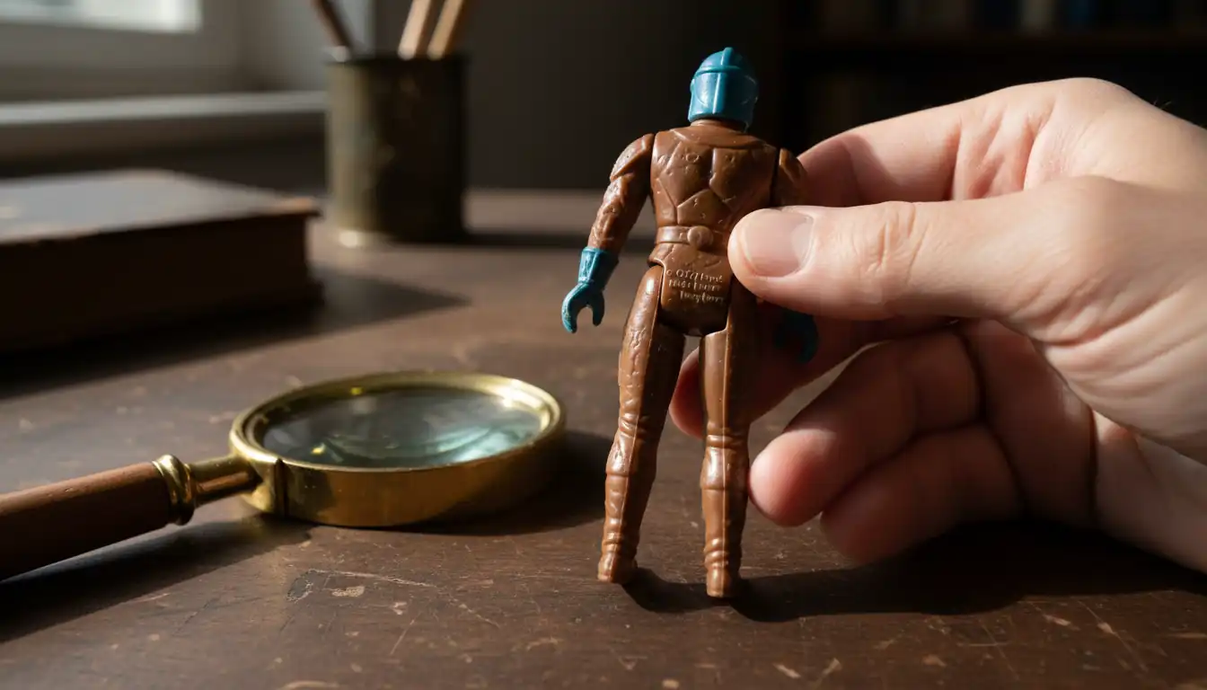 Close-up of a vintage action figure leg showing a clear copyright stamp and authentic paint wear.