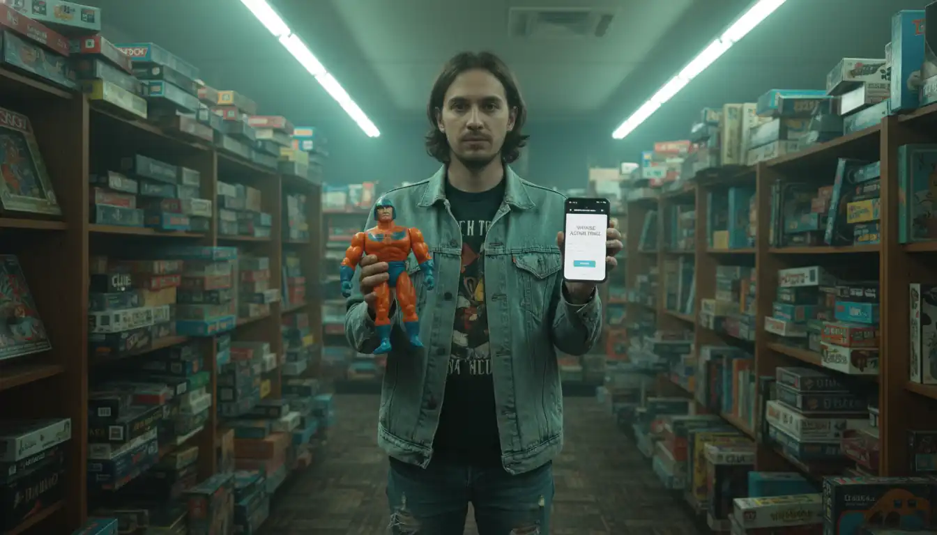 Person using a smartphone to appraise a vintage action figure on a thrift store shelf.