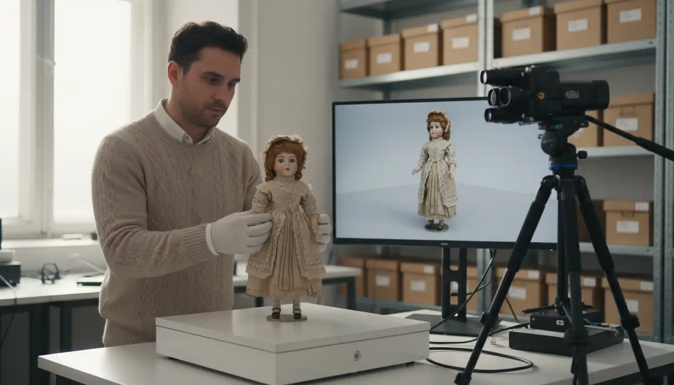 A researcher scanning an antique porcelain doll in a museum lab to create a digital archive.