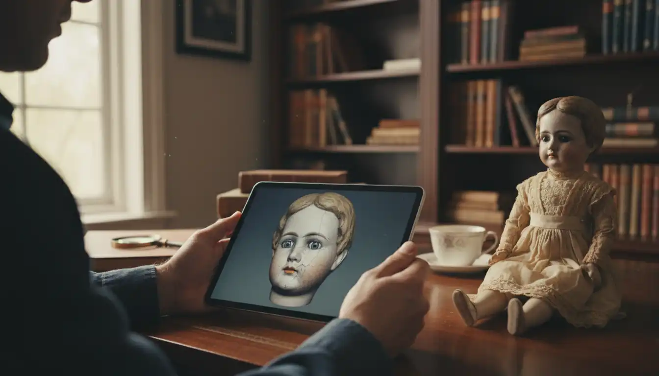 A collector using a tablet to view a digital scan of an antique porcelain doll on a desk.