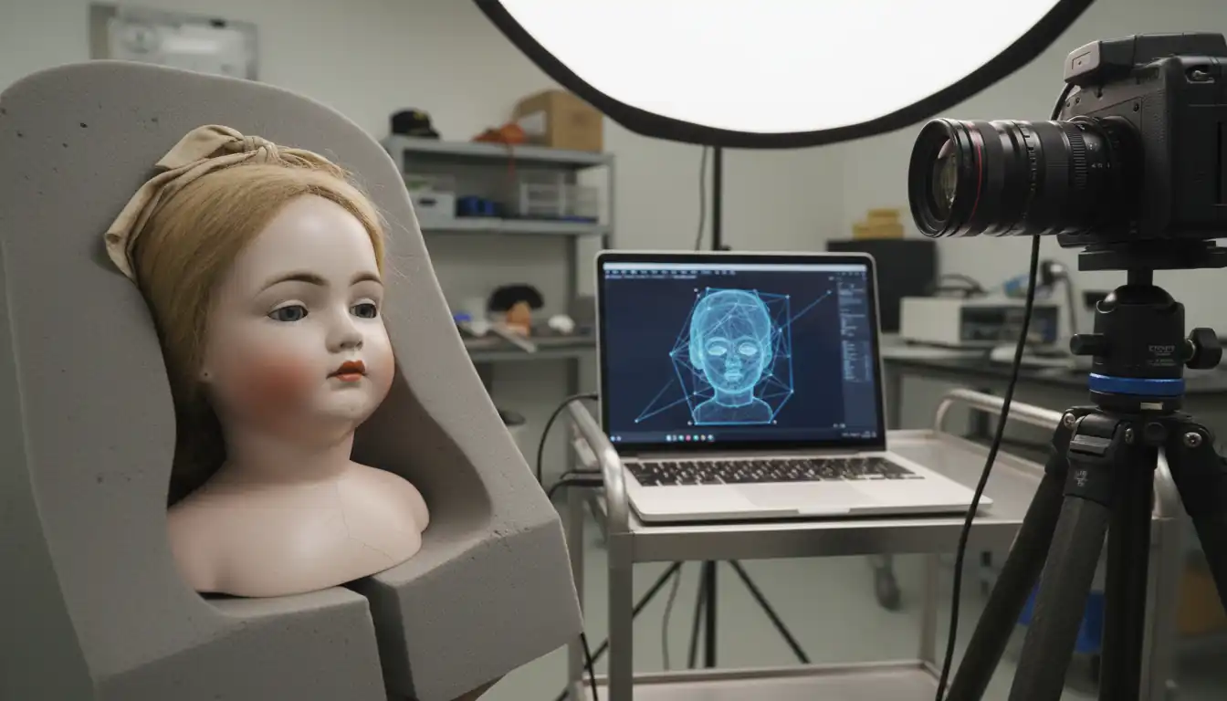 Antique bisque doll in a conservation lab with a laptop displaying a 3D digital scan.