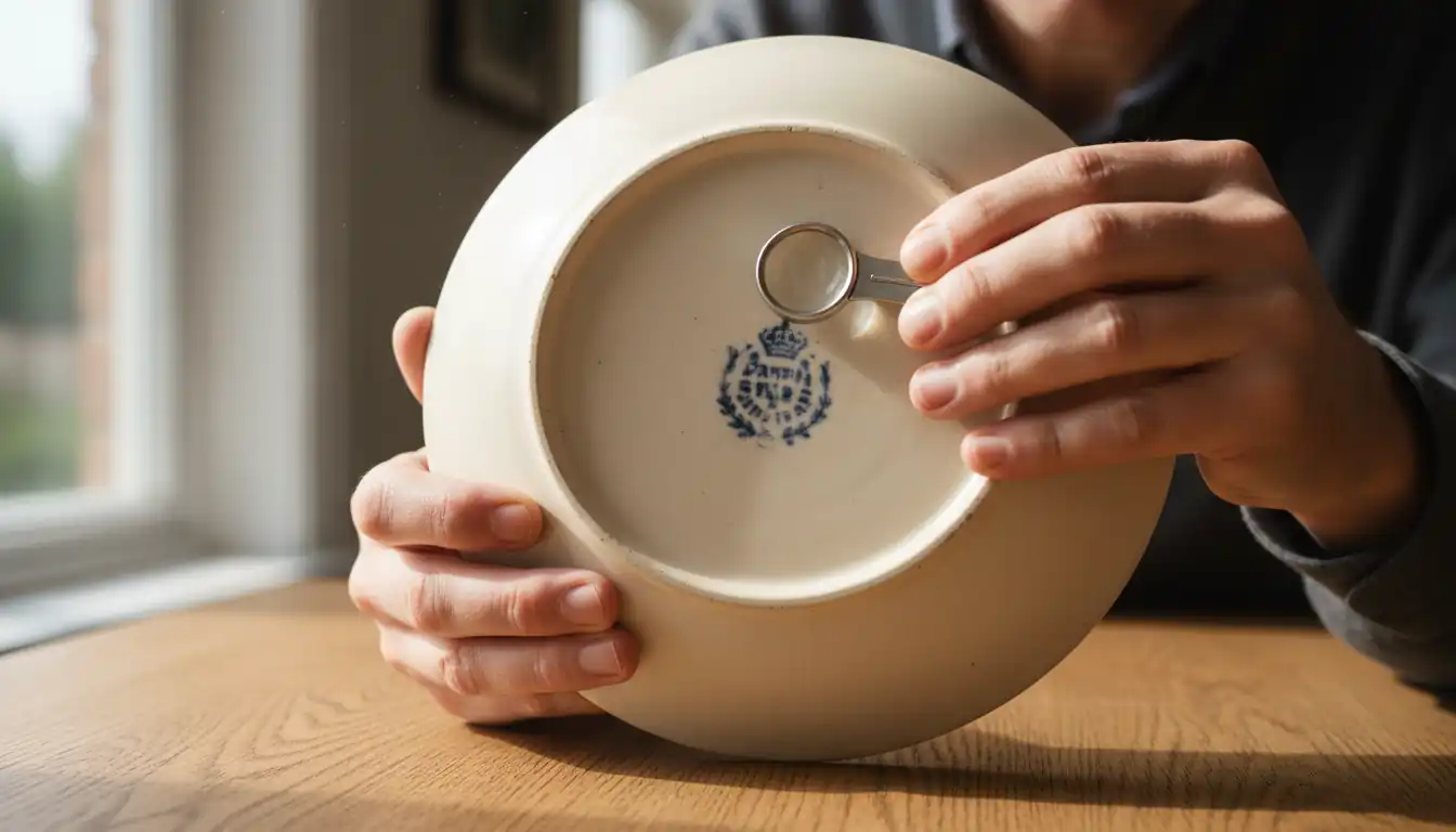 Close-up of hands using a magnifying loupe to inspect a blue pottery mark on an antique plate.