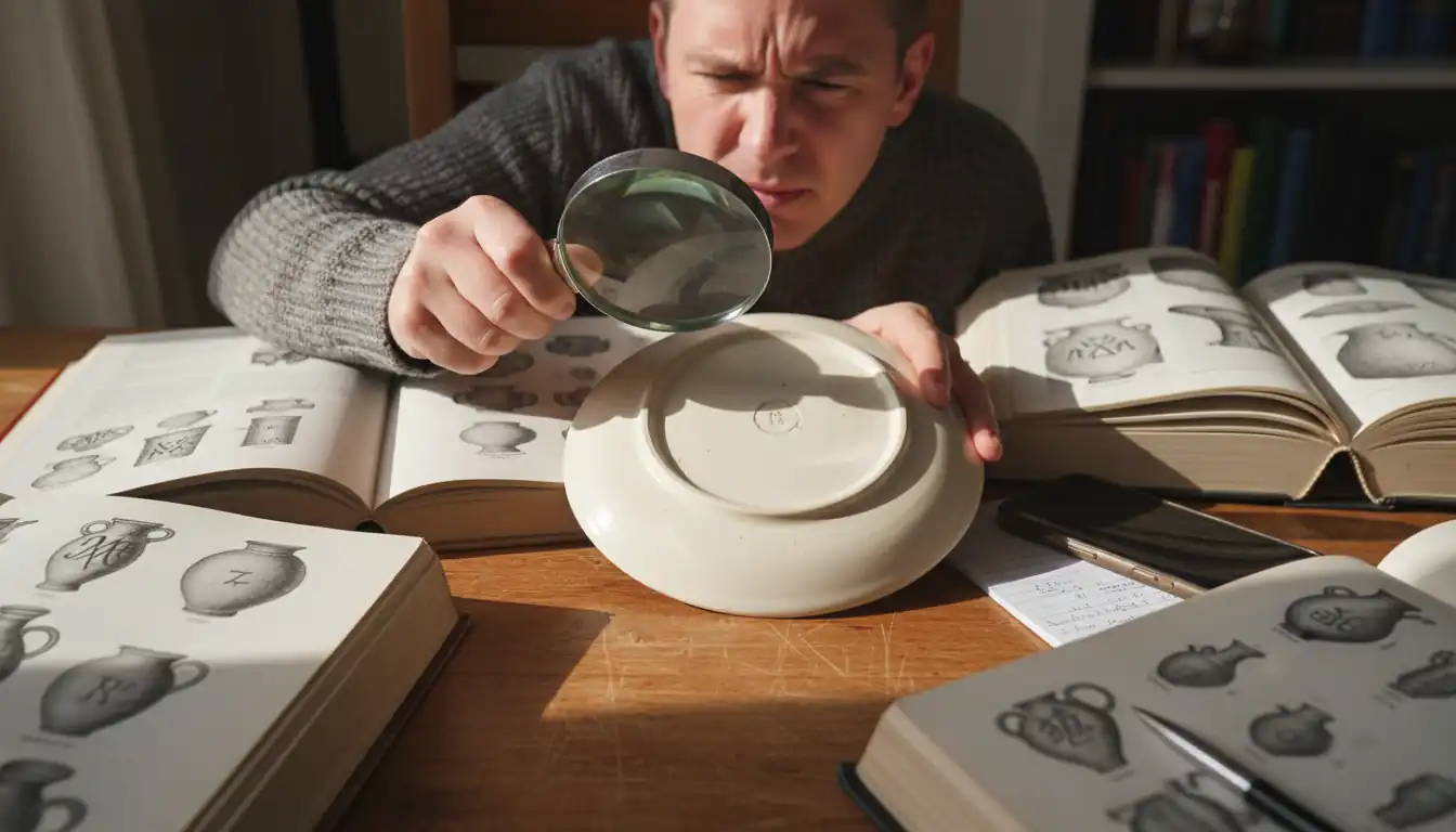 A person using a magnifying glass to examine a pottery mark next to open reference books.