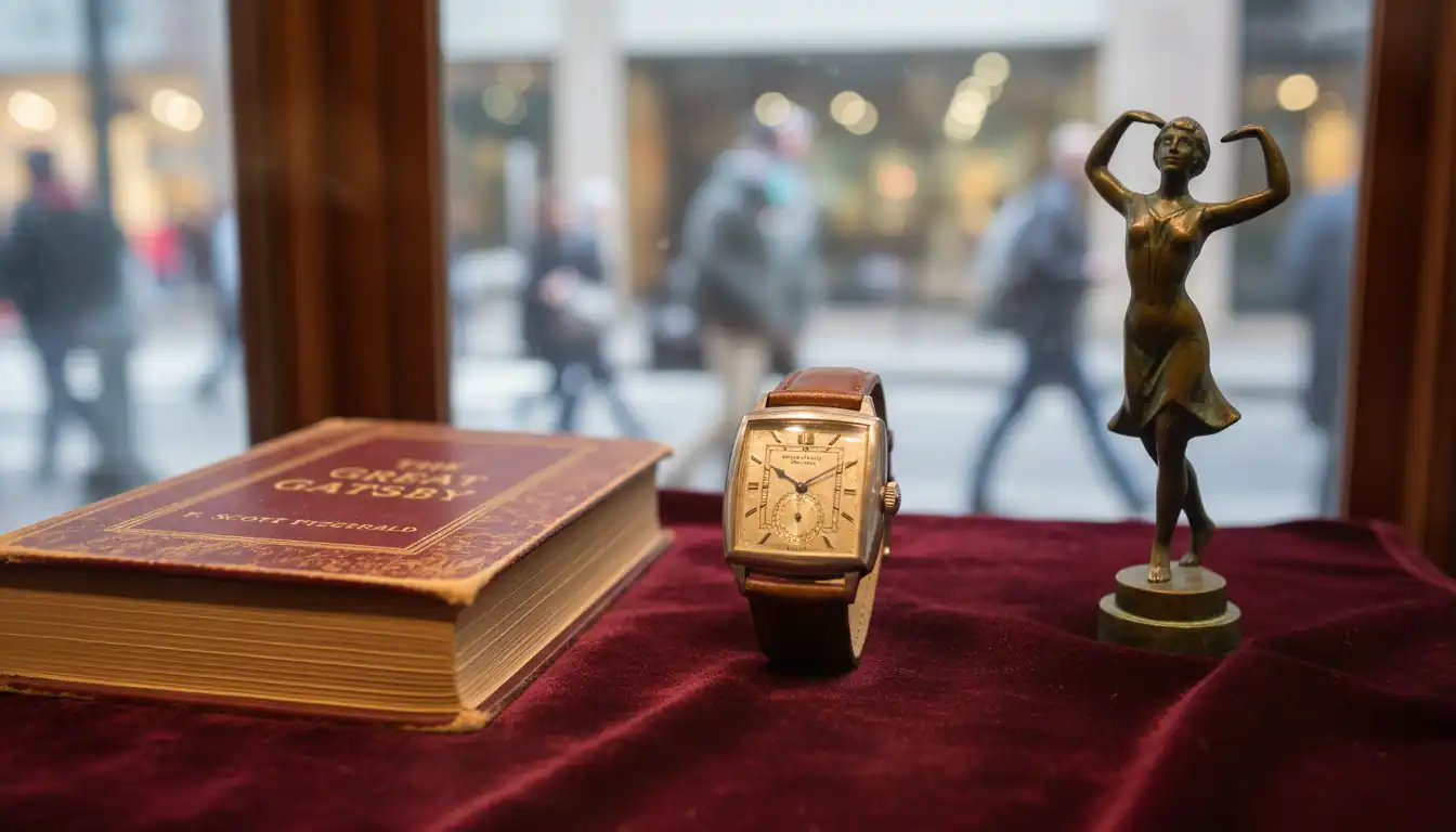 A close-up of rare antiques including a vintage watch and leather-bound book in a Manhattan shop.