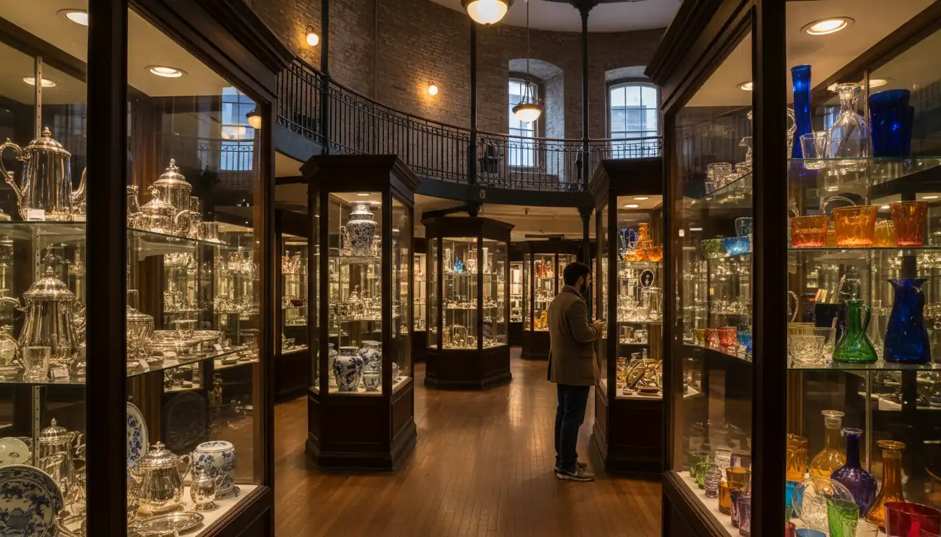 Interior view of the Manhattan Art and Antique Center showing various gallery booths filled with vintage collectibles.