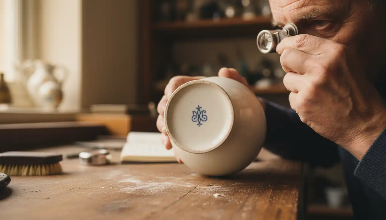 Appraiser using a magnifying loupe to inspect a maker's mark on the bottom of a vintage vase.