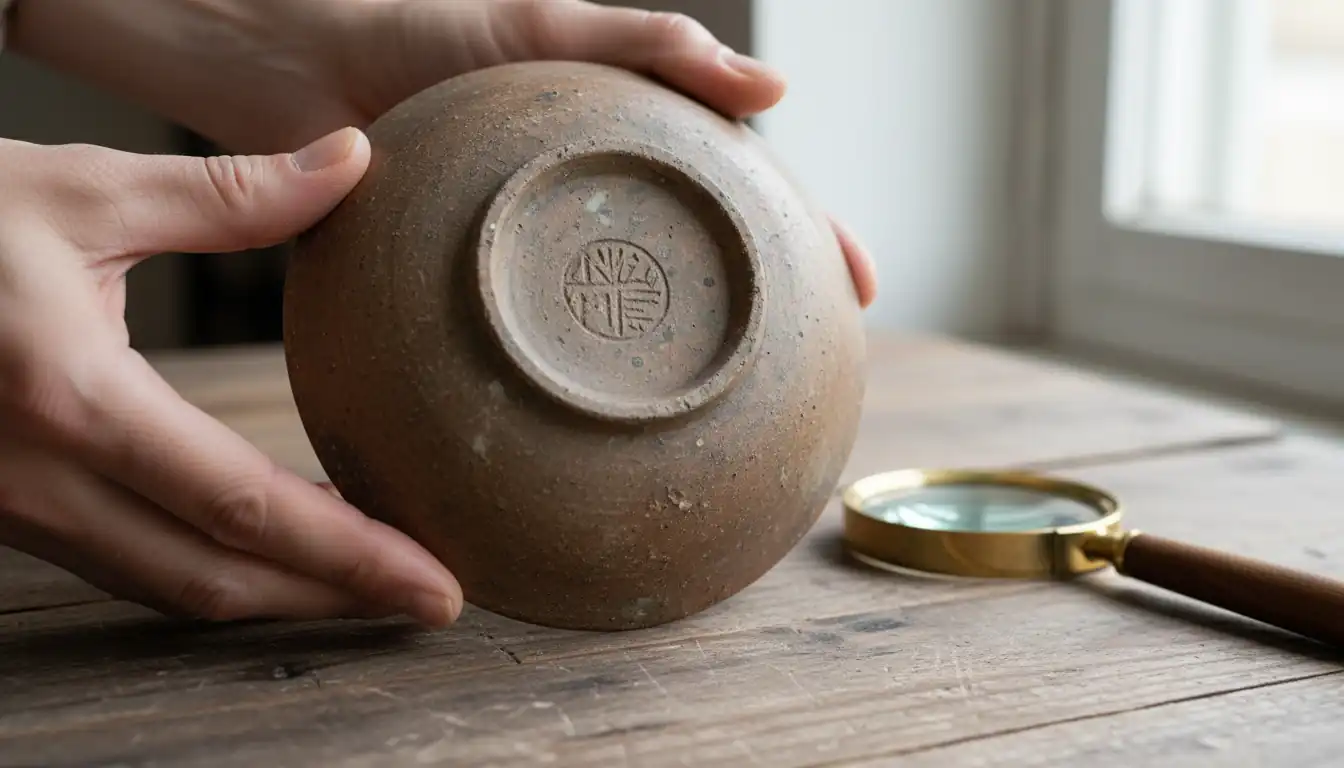 Hands inspecting the worn and faded maker's mark on the base of an antique ceramic bowl.