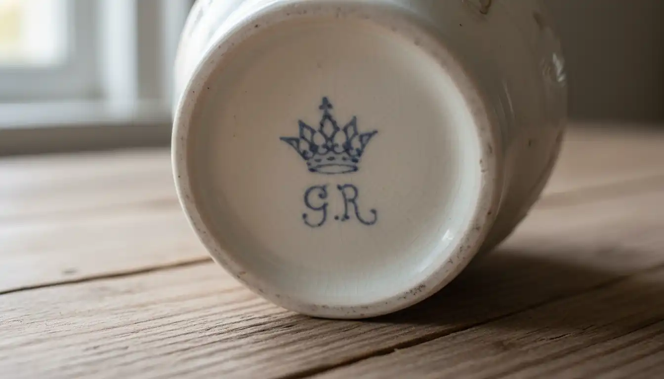 Close-up of a blue maker's mark on the bottom of a vintage porcelain vase on a wooden table.