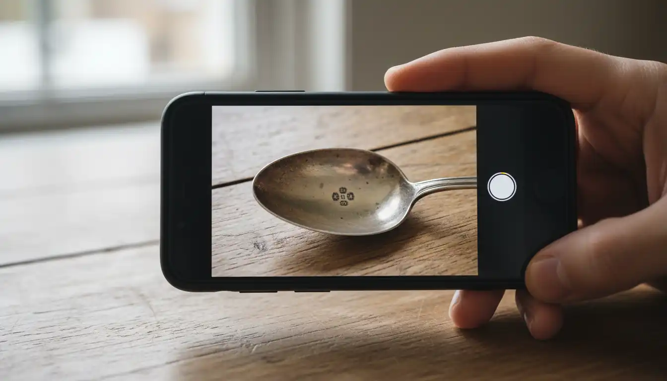 Close-up of a person using a smartphone to photograph and identify hallmarks on a silver spoon.