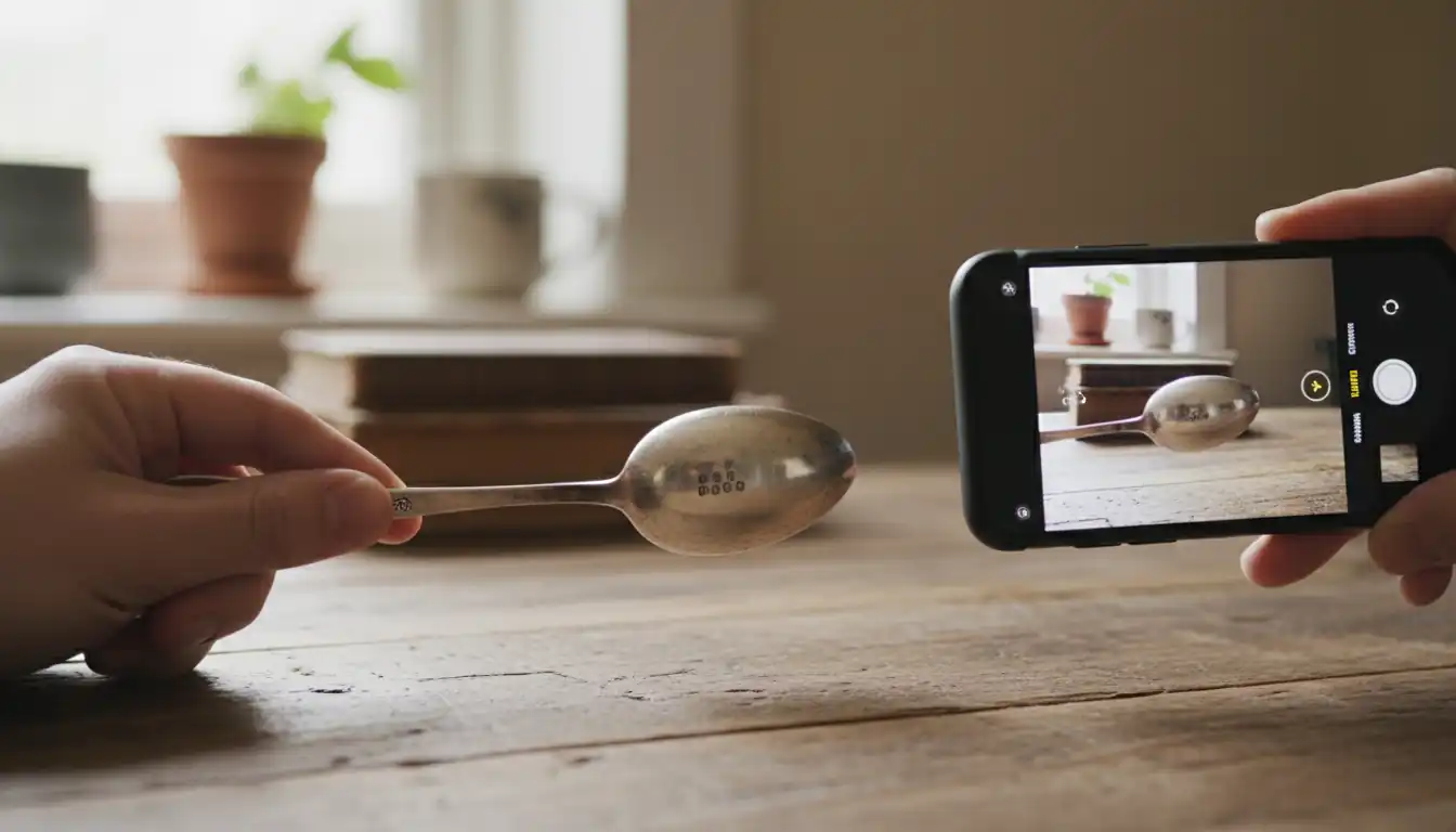 A person using a smartphone camera to inspect the hallmarks on an antique silver spoon.