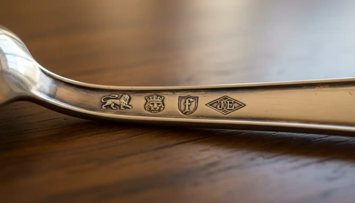 Close-up of four distinct hallmark stamps on the handle of a vintage silver spoon.