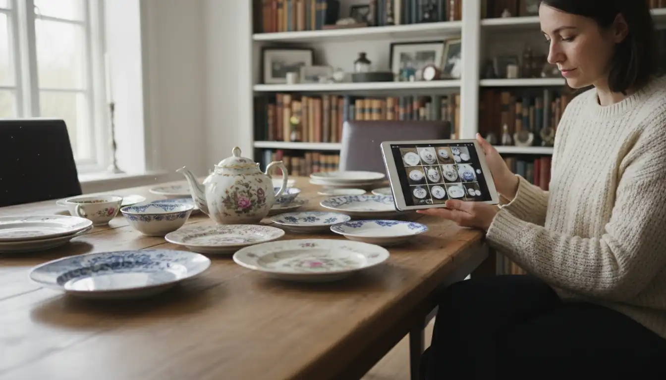 A person at a wooden table organizing antique porcelain plates while using a tablet to manage a digital inventory.