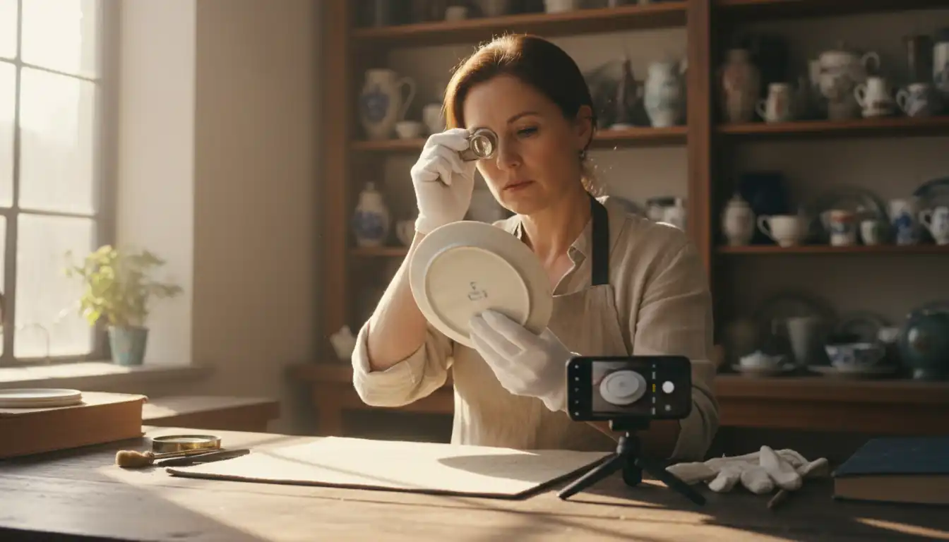 Appraiser using a magnifying loupe and a smartphone to identify marks on an antique porcelain plate.