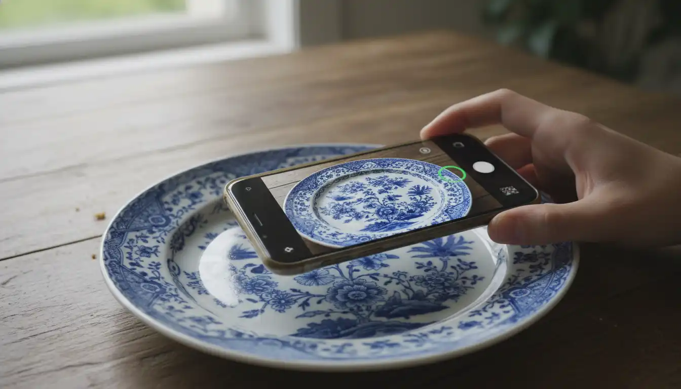 A person using a smartphone to photograph an antique porcelain plate on a wooden table in natural light.