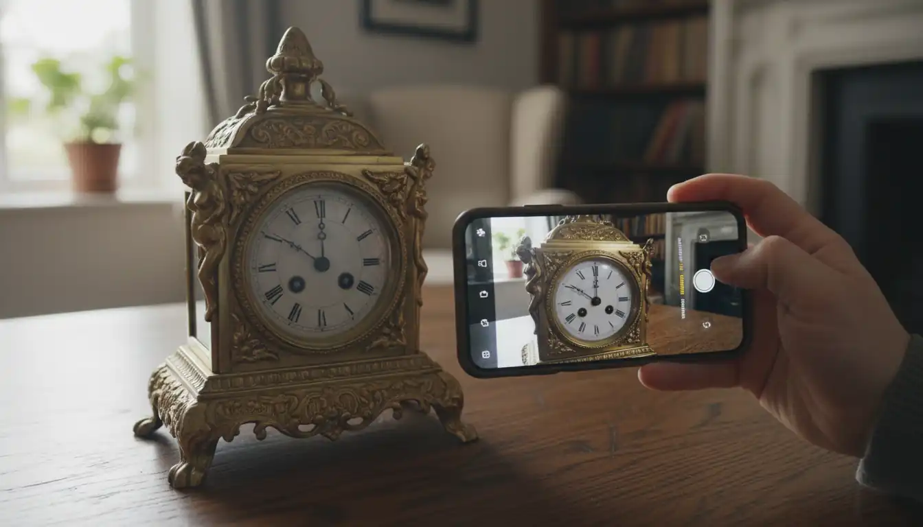 A person using a smartphone to photograph an ornate brass antique clock on a wooden table in natural light.