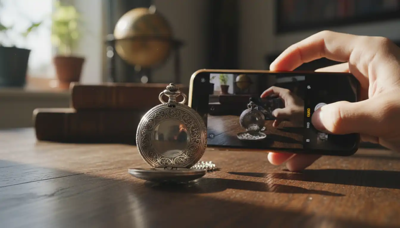 Hands holding a smartphone to photograph a Victorian silver pocket watch on a wooden desk.