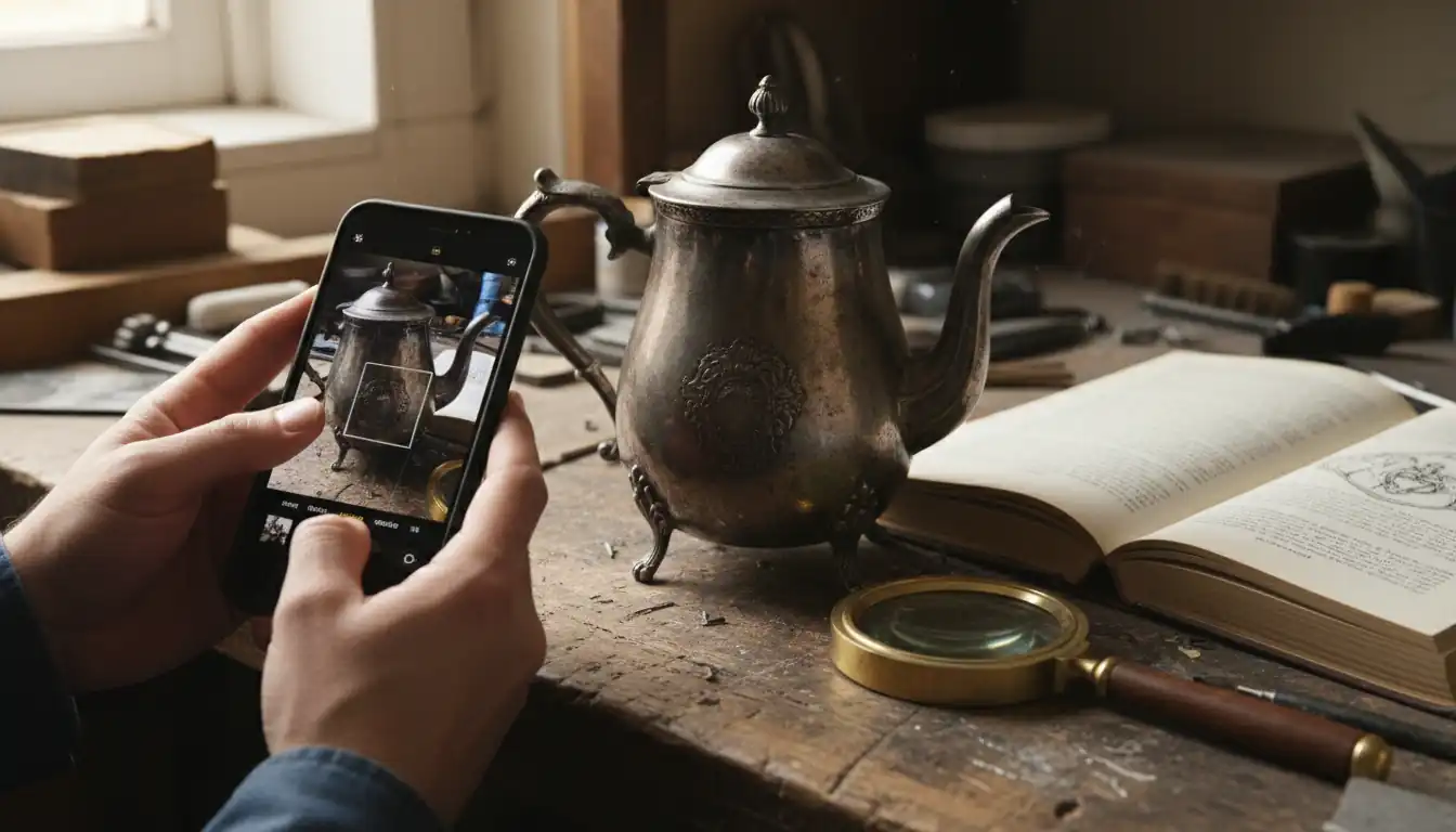 Person using a smartphone to identify a silver teapot next to a magnifying glass and reference book.
