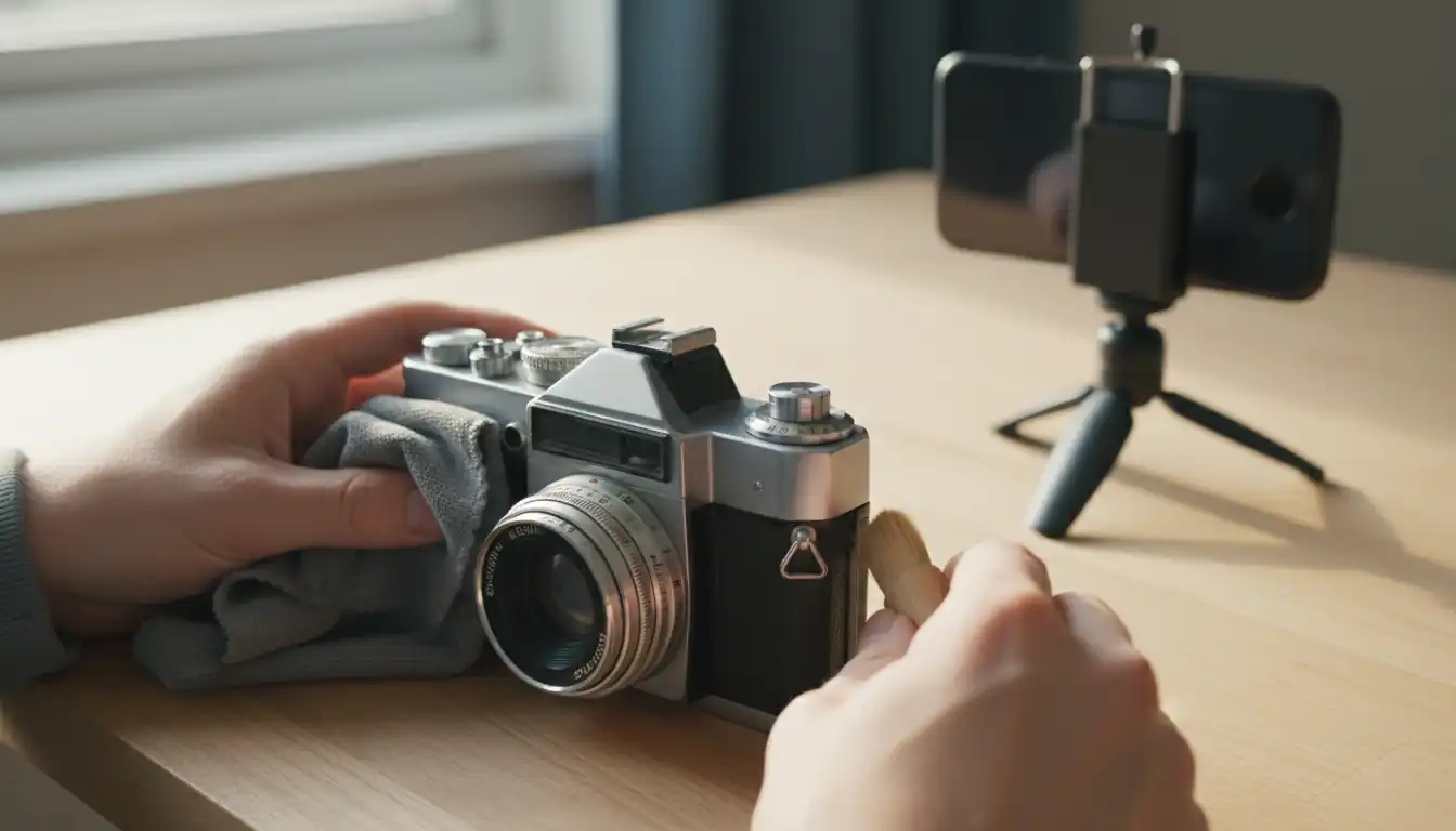 Hands carefully cleaning a vintage film camera on a wooden table with natural window light.