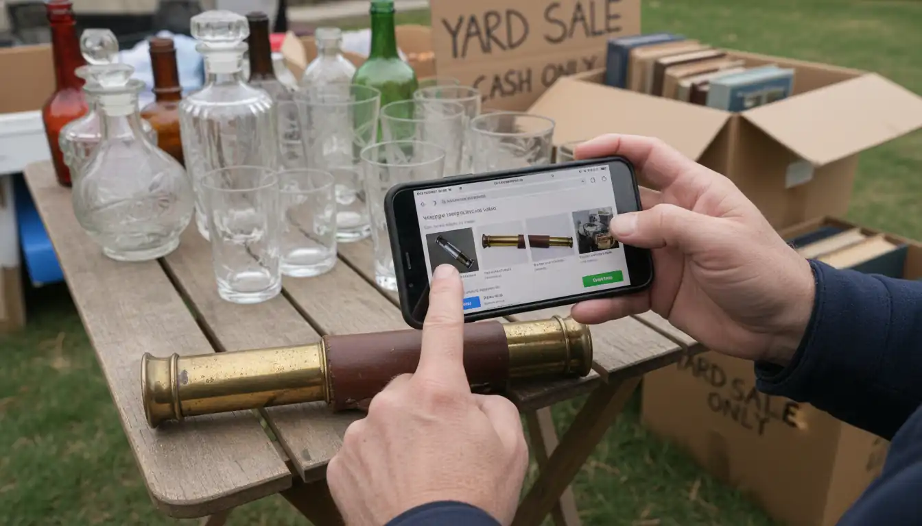 Close-up of a person using a smartphone to check the price of a vintage telescope at a yard sale.